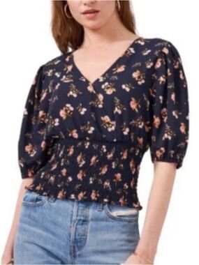 1. STATE Women's Smocked Faux Wrap Top Medium Blue Floral Blouson Style Fit